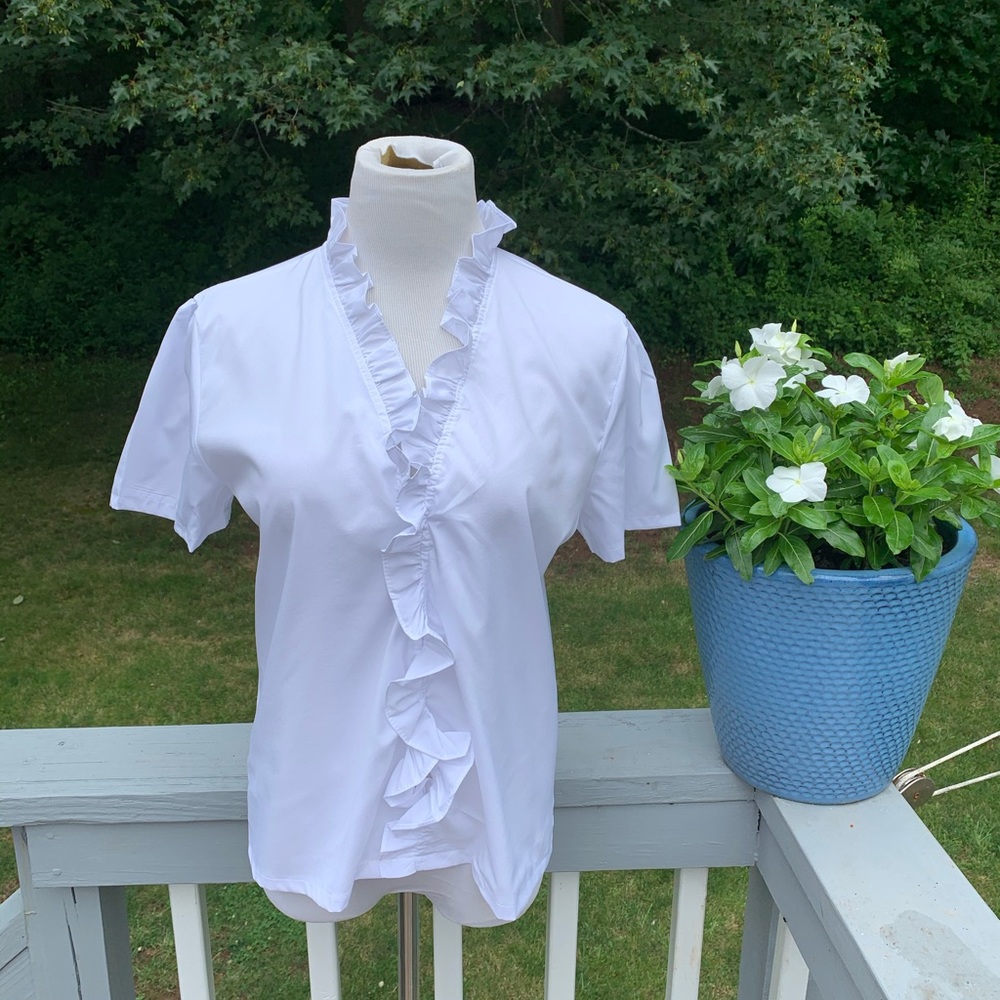White Short Sleeve Ruffled blouse L